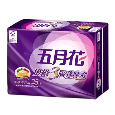 五月花頂級蓬厚柔三層抽取衛生紙-玫瑰果油 100抽x24包